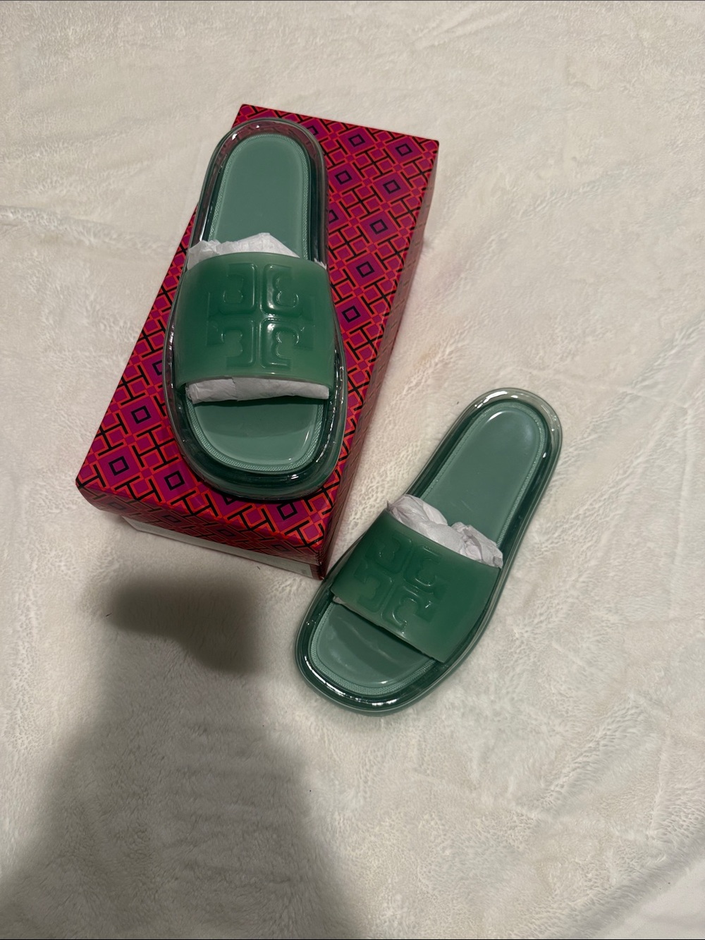 Tory Burch Green Logo Jelly Slide Sandals